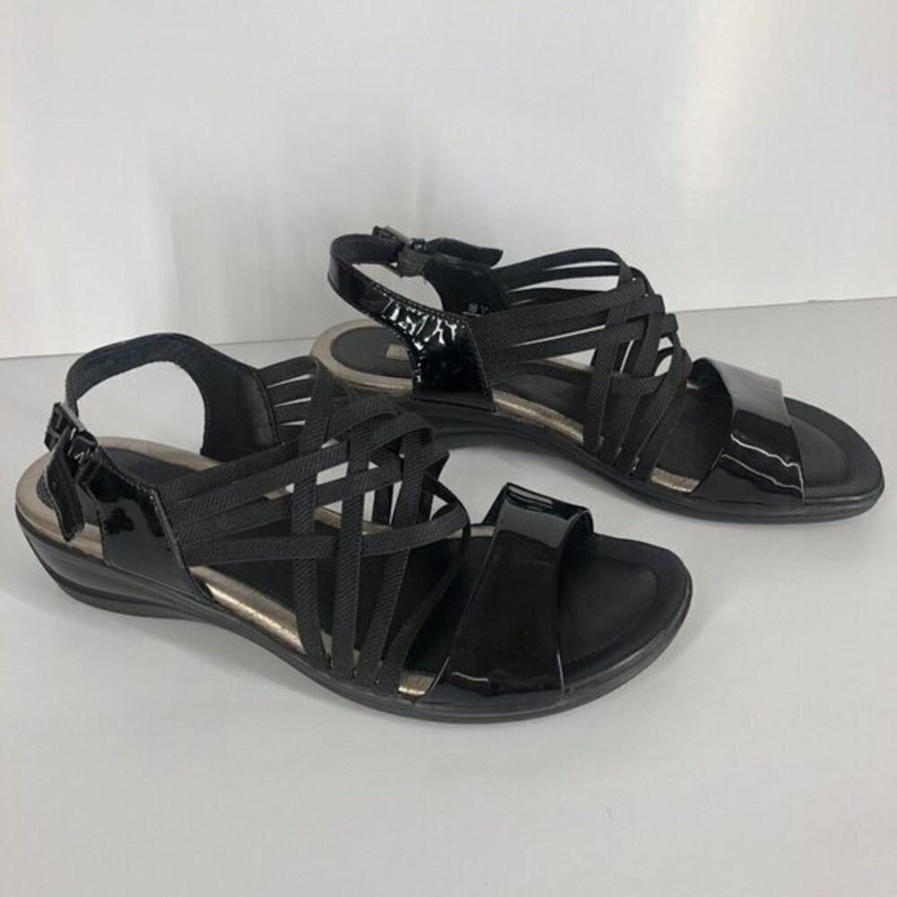 Ecco Womens Black Patent Leather Strappy Slingback Wedge Sandals Size 40